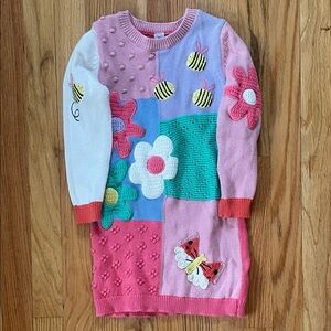 Colorful Patchwork Knit Dress with Floral and Bee Design